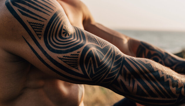 Detailed close-up of a muscular arm featuring bold black Maori tribal patterns