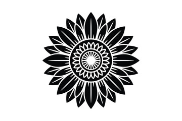 Black silhouette of a stylized sunflower with detailed petals and center on a white background