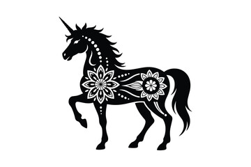 Black silhouette unicorn with white floral ornaments and dots on white background vector