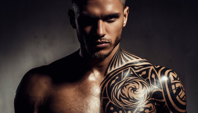 Close-up portrait of a handsome muscular man with sharp features and bold black tribal tattoos on his arm and neck - Powered by Adobe