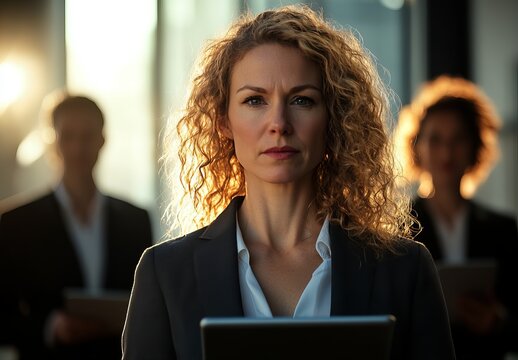 Confident young woman, dressed professionally, stands in front of colleagues with tablets. - Powered by Adobe