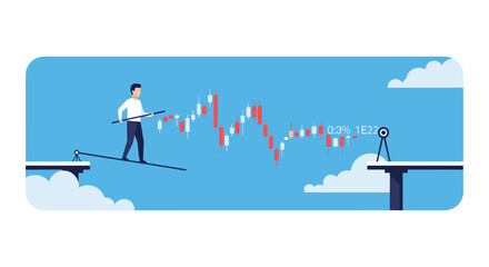 Businessman balancing on a tightrope over the clouds, navigating a volatile stock market candlestick chart to reach a target with a goal.