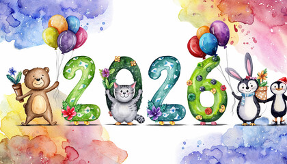 Whimsical watercolor artwork showing a parade of happy animals