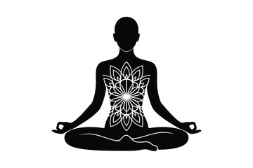 Black silhouette of a person meditating with a white lotus flower design on chest meditation yoga