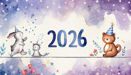 Soft watercolor illustration showing “2026” with cheerful animals