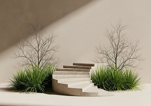 A serene scene featuring a curved stone staircase flanked by sparse trees and green grass, with soft light casting shadows