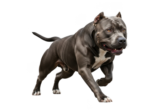Running american pit bull terrier dog breed with powerful muscular build full body shot isolated on transparent background