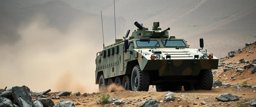 Military armored personnel carrier, traversing rugged terrain, transport, army vehicle