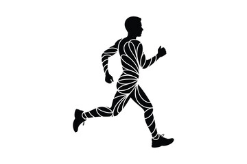 Black silhouette of a male runner with white abstract swirling lines on body on white background