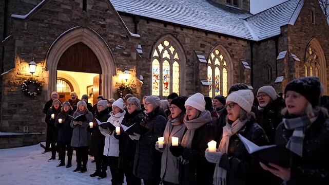Choir singing carols outside a building at night