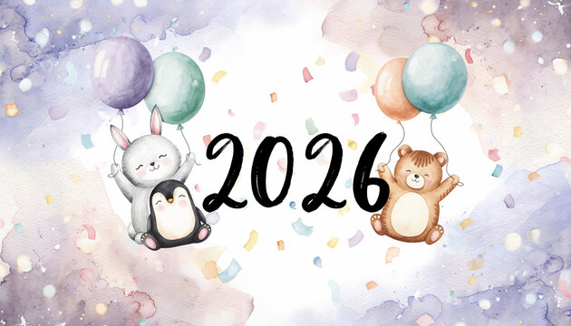 Cute watercolor illustration of “2026” surrounded by smiling kawaii animals - Powered by Adobe
