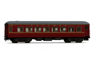 Vintage model train passenger car isolated, maroon railway carriage for travel, transport, and railroad history