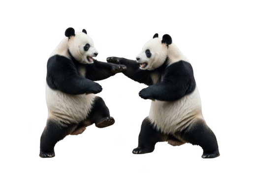 Two pandas fighting kung fu stance action aggression animal wildlife conservation zoo mammal bears isolated on transparent background