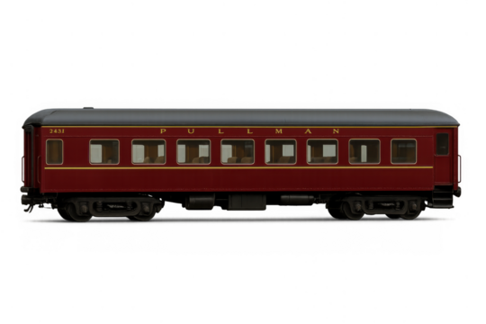 Vintage model train passenger car isolated, maroon railway carriage for travel, transport, and railroad history