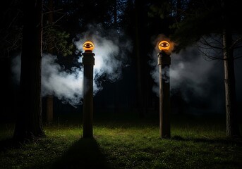 Eerie halloween scene in a dark forest with two carved pumpkins on wooden posts emitting a spooky orange glow and smoke