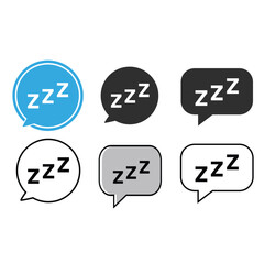 Set of six speech bubble icons with white 'zzz' text inside, symbolizing sleep, fatigue, nap, or deep rest.
