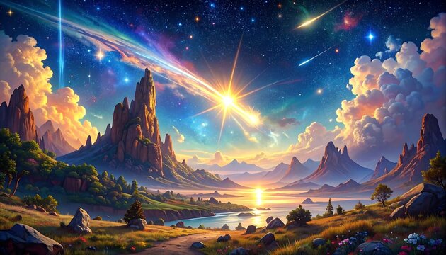 Majestic mountains and celestial phenomena illuminate a serene alien landscape.