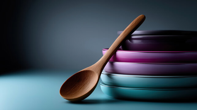 Wooden spoon resting beside colorful stacked bowls in dim light