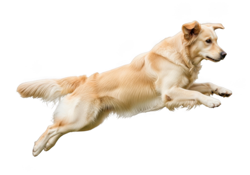 Golden retriever dog running jumping action pet animal canine breed puppy playful happy energetic isolated on transparent background