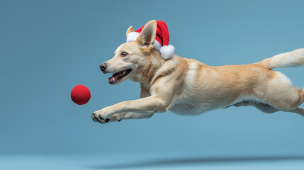a photorealistic dog wearing Santa hat, mid-jump catching toy, action shot frozen in time, isolated light blue background, dynamic diagonal composition, high-speed photography, professional studio