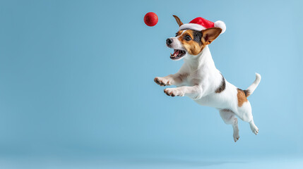a photorealistic dog wearing Santa hat, mid-jump catching toy, action shot frozen in time, isolated light blue background, dynamic diagonal composition, high-speed photography, professional studio