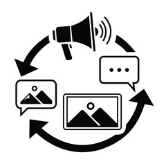 Black icon of circular marketing or media content lifecycle featuring a megaphone, chat bubble, and image frames.