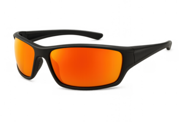 Black sport sunglasses with orange mirrored lenses, offering eye protection and stylish eyewear for outdoor activities