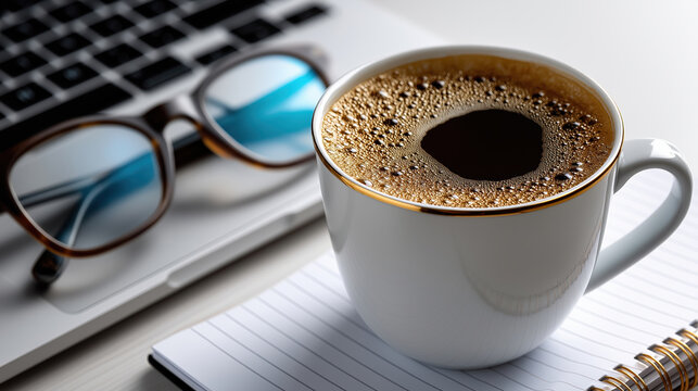 Warm coffee near laptop and glasses on a work desk