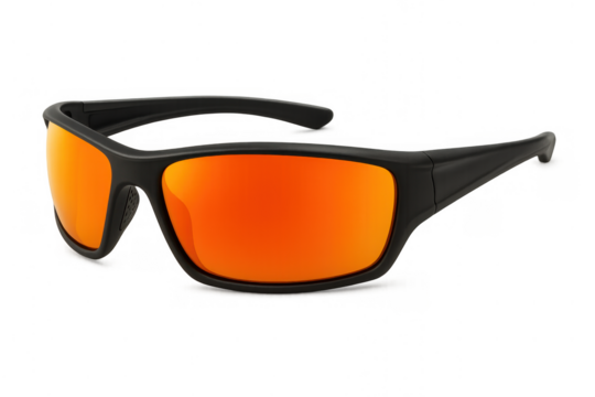 Black sport sunglasses with orange mirrored lenses, offering eye protection and stylish eyewear for outdoor activities