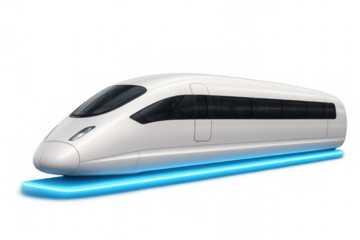 Futuristic maglev train hovering on a magnetic cushion with a blue glow. This advanced transport embodies high speed, technology, and future mobility