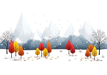A charming winter landscape illustration with colorful autumn trees and snowcapped mountains under a soft snowfall