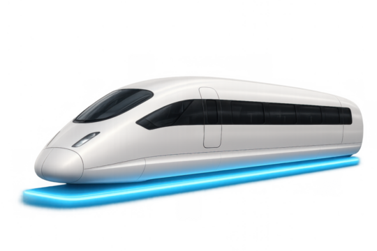 Futuristic maglev train hovering on a magnetic cushion with a blue glow. This advanced transport embodies high speed, technology, and future mobility