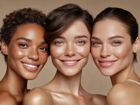 Three models showcase diverse beauty in a photoshoot with natural makeup and glowing skin