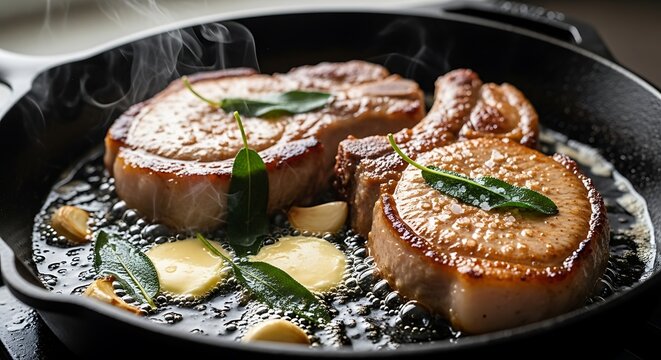 Pork chops sizzling in a cast iron skillet with garlic
