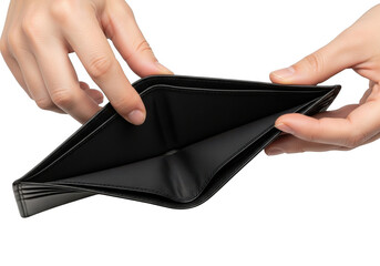 Empty wallet in hand, financial crisis, economic downturn, poverty, bankruptcy, debt, loss, unemployment, isolated on transparent background