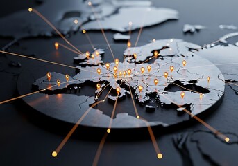 Global network connections across europe with glowing lights and lines connecting cities, representing communication and travel