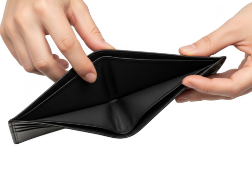 Empty wallet in hand, financial crisis, economic downturn, poverty, bankruptcy, debt, loss, unemployment, isolated on transparent background