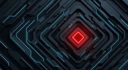 Abstract technological grid with glowing neon lines and central red focus