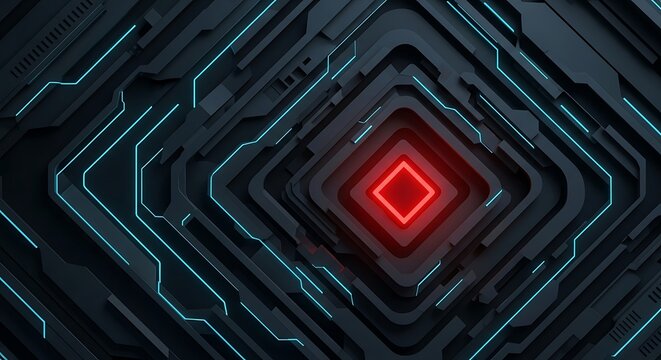Abstract technological grid with glowing neon lines and central red focus