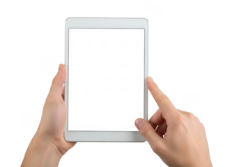 Hand holding white tablet device mockup with blank screen for app presentation and ui design isolated on transparent background