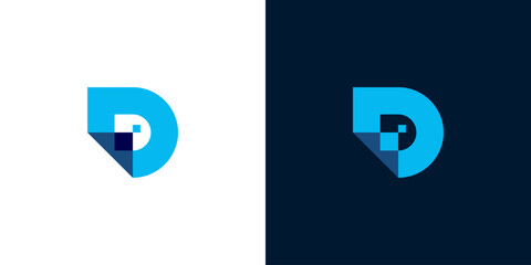 Modern and sleek blue letter D logo with pixelated effect on white and dark background
