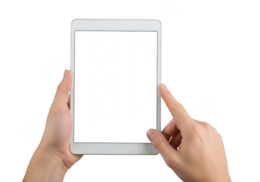 Hand holding white tablet device mockup with blank screen for app presentation and ui design isolated on transparent background