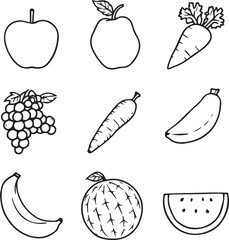 3x3 grid of fruits and vegetables including apple, peach, carrot, banana, melon, and watermelon slice