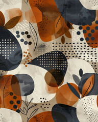 abstract coffee-colored forms with leaf motifs, overlapping ochre and charcoal stains, dotted textures and subtle