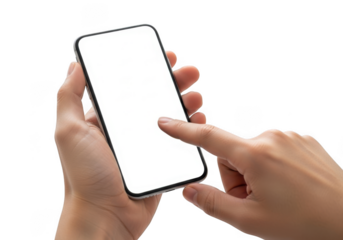 Realistic hand holding and touching blank mobile phone screen mockup for app presentation, ui design, isolated on transparent background