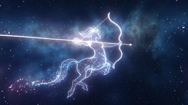Glowing sagittarius archer constellation drawn with luminous star lines across deep cosmic night sky, celestial centaur symbol aiming arrow through vibrant nebula clouds, mystical zodiac astrology ill