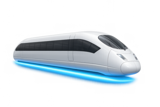 High-speed maglev train levitating with blue light, representing future transportation technology and advanced engineering