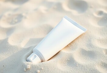 White sunscreen tube on beach sand background, lotion, tropical