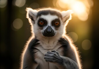 Naklejka premium Cute portrait of a wild ring-tailed lemur, Lemur catta, staring with bright eyes from a tree in Madagascar wildlife