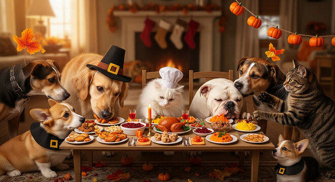 Image displays pets, dogs and cat around table with food, wearing Thanksgiving hats, symbolizing family, celebration and holiday season with togetherness